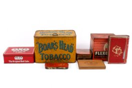 Group of assorted vintage advertising packaging tins. Including Boar's Head Tobacco, Oxo, etc.