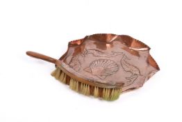 A vintage Newlyn style hand decorated copper dust pan and brush set, unmarked.