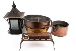 A collection of assorted metalware. Including a copper money box, saucepans and a lantern, etc.