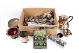 A box of assorted silverplate. Including flatware, a rose bowl and a large mug, etc.