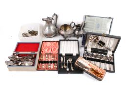Collection of assorted silver plate. Including cased sets, a milk jug and sugar bowl, etc.