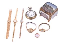 Two 9ct gold cased wristwatches, a jewellery box and other items.
