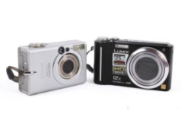 Two assorted compact digital cameras with chargers.