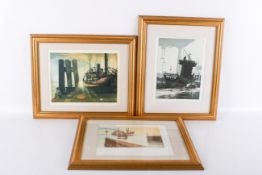 Three boat-themed modern colour etchings.
