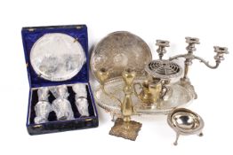 Box of assorted silverplate and others metalware. Including candleabra and trays, etc.
