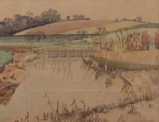 Jean Beecher, watercolour on paper, river beneath hills.