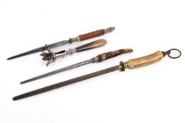 Three assorted vintage horn handled knife sharpening steels.
