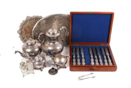 A collection of assorted silver plated items. Including a four piece tea set, etc.