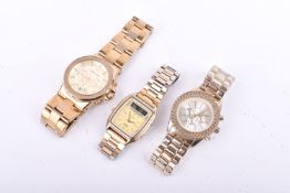 Three yellow metal wristwatches by Michael Kors, Adec alarm chronographic (AF), and another.