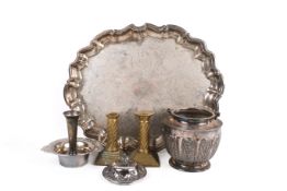A small group of assorted metalware. Including silver plated tray and brass candlesticks, etc.
