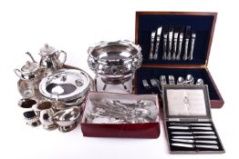 A quantity of silver plated items and a box of silver handed knives.