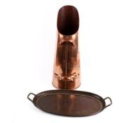 A copper coal scuttle and an oval tray with two handles.