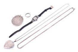 A small group of silver jewellery and a watch.