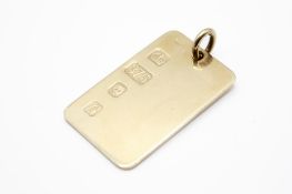 A 9ct gold rectangular ingot pendant. Undecorated, hallmarks to pendant for London 1976, 4cm x 2.