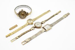 Four 9ct gold and yellow metal ladies' wristwatches.