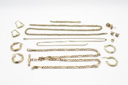 A box of assorted 9ct gold necklaces and earrings.