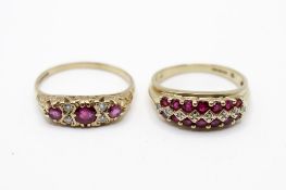 Two hallmarked 9ct gold rings. Each set with faceted rubies and diamonds.