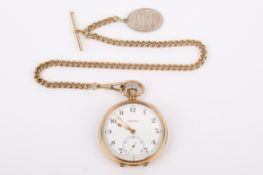 A 9ct gold Vertex pocket watch and yellow metal watch chain.