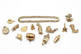 A 9ct gold double curb bracelet and various charms.