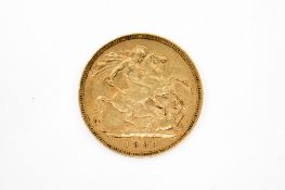 An 1892 half sovereign coin. Weight 4g.
