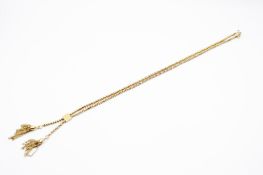 A 9ct gold fancy link necklace with tassel drop. 9ct import hallmarks, L42cm, tassel drop circa 5.