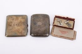 Two silver cigarette cases and a pair of cufflinks.