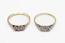 Two 18ct gold and three stone diamond rings. Largest round cut diamond circa 0.