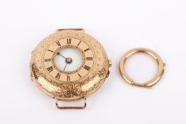 A Swiss 14ct gold cased half hunter wristwatch, and a round clasp stamped 15ct.