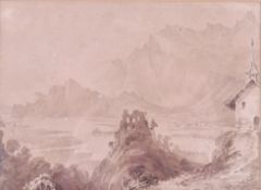 An early 19th Century watercolour in monochrome of Swiss mountains, in the manner of JMW.Turner.