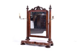Large Victorian mahogany veneer dressing table mirror with brass sconces.