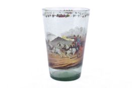 A hand blown 'seeded' glass vase with painted decoration. Depicting a 'Mail Coach' on the road.