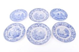 Six 19th century blue and white plates including Spode.