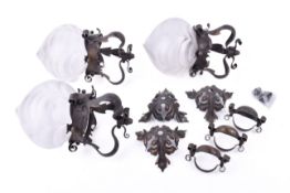 A set of three Arts and Crafts copper hammered finished ceiling lights.