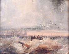 In the manner of JMW Turner, oil on mahogany panel, seascape. Unsigned, 13.3cm x 14.4 cm, framed 31.