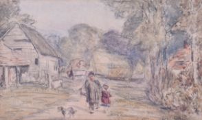 David Cox (1783-1859) - 'Man with child, dog and farm buildings', watercolour sketch.