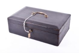 A Victorian black leather documents or silver box.