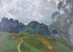 An early 20th century, oil on board or card, Russian Impressionist style landscape.