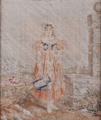 A 19th century needlepoint tapestry picture, depicting a figure in the landscape.