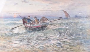 John Syer (British, 1815-1885) watercolour of a boat with oarsman and passenger on rough seas.