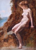 Val Davis British 1854-1930. Oil on canvas study of a nude lady in outdoor environment.