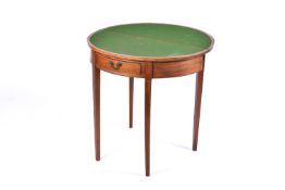 A Georgian mahogany inlaid fold over demi lune card table. Raised on square tapering supports.