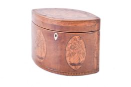 A Georgian style oval inlaid tea caddy. Having floral marquetry detail panels, red paper interior.
