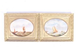 Jean Michael Laurent (1898-1988), a pair of naval oils of ships at sea in oval mounted gilt frames.