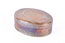 A George lll gilt brass snuff box engraved with flowers and laurel banding, 8cm wide.