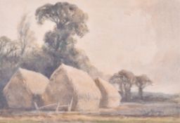 In the manner of Sir George Clausen, watercolour of haystacks. Unsigned, 21.