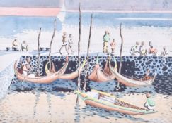 Adrian Paul Allinson, watercolour of boats alongside a harbour wall. Monogram top right, 24.