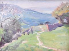 An oil on board of a sketch of a valley landscape. In the manner of John Singer Sargent.