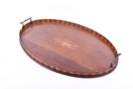 An early 20th Century mahogany inlaid butlers tray with brass handles. Marquetry style rim (ad).