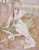 A 20th century satin stitch embroidery of a forest nymph with an owl.