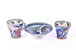 A group of three pieces of Pru Green, Wivenhoe studio art pottery.